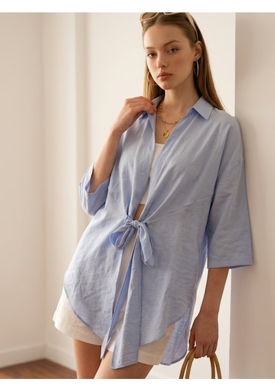 Pera Moda Önden Bağlamalı Uzun Kimono Yazlık İnce Gömlek Hırka Modeli Mavi