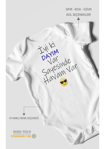 İyi Ki Dayım Var Sayesinde Havam Var Baskılı Bebek Zıbını Çıtçıtlı Body %100 Pamuk Kısa Kol Beyaz