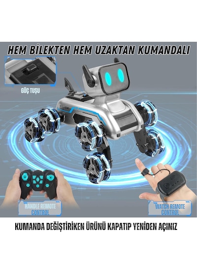 Oyuncak 2.4 Ghz Uzaktan Ve Bilekten Kumandalı Şarjlı 8 Teker Akrobat Robot Köpek Müzikli Ve Led Işık Gri