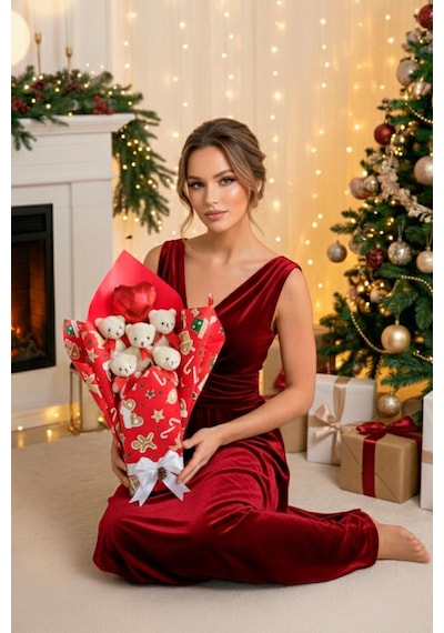 Premium Özel Yeniyıl - Yılbaşı Konsepti Romantik Kırmızı - Beyaz Peluş Ayıcık Buketi-sevdiklerinize Özel...