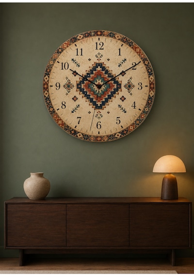 AA Shop Anadolu Motifli Baskılı Duvar Saati Etnik Kilim Desenli Sessiz Dekoratif Baskılı Ahşap Saat 802 Çoklu Renkli