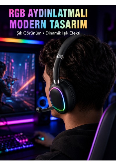 Rgb Işıklı Bluetooth Mikrofonlu Kulaklık Uzun Süreli Kullanım Type-c Şarjlı - Lisinya