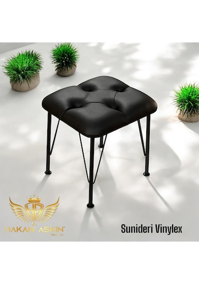 By Hakan Aşkın Siyah Metal Ayaklı Novolux Vinylex Sunideri Puf Black 40x45 Cm Siyah Vinylex