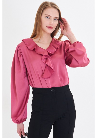 Armonika Kadın Koyu Pembe Yakası Fırfırlı Omuzu Büzgülü Kolu Lastikli Pamuk Saten Bluz Arm-22k001059 Armonika Kadın Koyu Pembe Yakası Fırfırlı Omuzu Büzgülü Kolu Lastikli Pamuk Saten Bluz Arm-22k001059