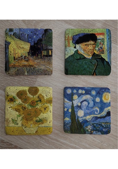 Van Gogh Yıldızlı Gece Ve Eserleri Doğal Taş Bardak Altlığı 4'lü Set - Natural Stone Coasters - Taş Çok Renkli