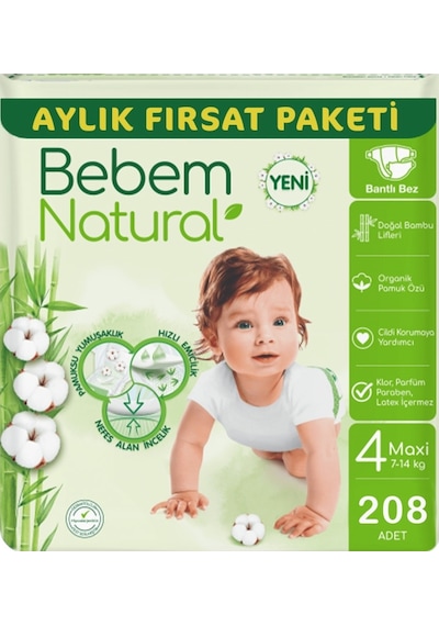 Bebem Natural Bebek Bezi Ultra Fırsat Paketi Maxi 4 No 104 x 2 Adet 2'li