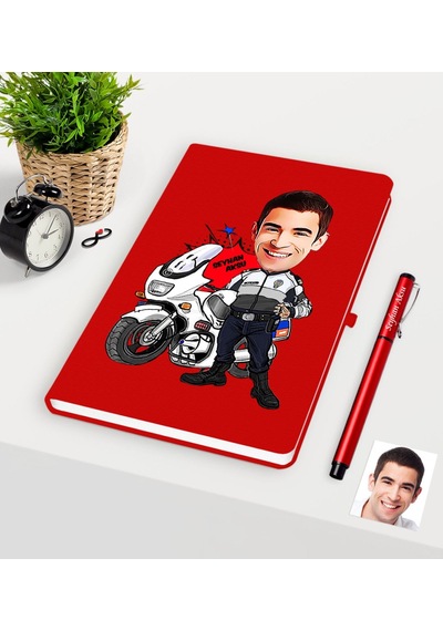 Kişiye Özel Bay Yunus Polis Karikatürlü Kırmızı Defter Kalem Seti Kırmızı