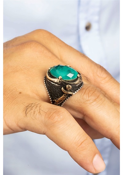 Paraiba Taşlı Zülfikar Motifli Gümüş Erkek Yüzük -8435 Gümüş
