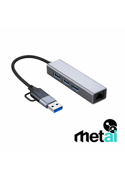 Metai Type-c Hub Adaptör 4in1 3x Usb 3.0 + 1000 Mbps Gigabit Ethernet Rj45 Lan Dönüştürücü