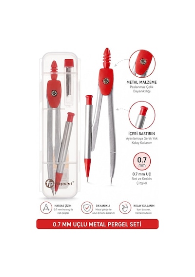 0.7 Uçlu Metal Pergel Kırmızı 1 Adet Fixpoint Kutulu Metal Pergel Versatil Uçlu Mekanik Kalem Basmalı Uçlu Pergel