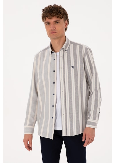 U.S. Polo Assn. Erkek Krem Çizgili Uzun Kollu Lacivert Gömlek 50316558-VR033 U.S. Polo Assn. Erkek Krem Çizgili Uzun Kollu Lacivert Gömlek 50316558-VR033