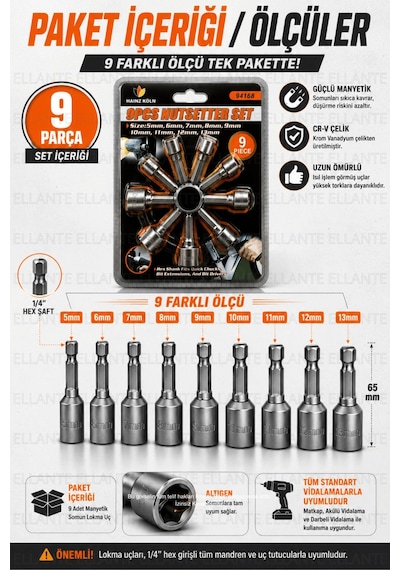 9 Parça Manyetik Somun Lokma Uç Seti 5-13 Mm Cr-v Çelik Matkap Ve Akülü Vidalama Uyumlu Hex Lokma Uç