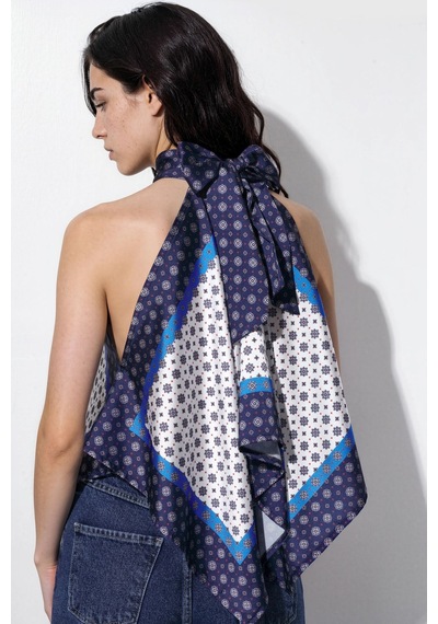 Hiccup Halter Yaka Saten Fular Top Mavi