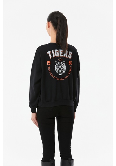 Fullamoda Tigers Baskılı Bisiklet Yaka Sweatshirt Siyah 24KGB890193113-Siyah