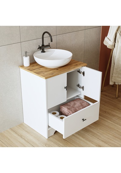 Ayaklı 2 Kapaklı Lavabolu Mdflam 60 Cm Banyo Dolap Atlantik Çam - Beyaz Ayaklı 2 Kapaklı Lavabolu Mdflam 60 Cm Banyo Dolap Atlantik Çam - Beyaz