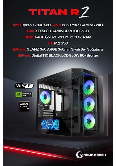 Game Garaj TITAN-R2 R7-7800X3D RTX5080 64 GB 1 TB SSD Free Dos Oem Paket Masaüstü Oyuncu Bilgisayarı