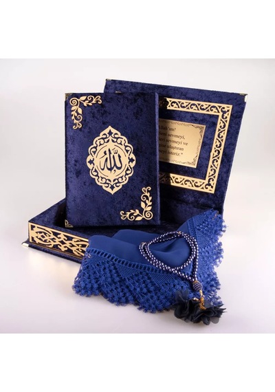 Şal + Tesbih + Kuran Hediye Seti Orta Boy, Şemslafzatullah, Gold Pleksi, Raşel Kutu, Lacivert