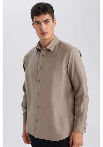 Defacto Relax Fit Polo Yaka Twill Modal Karışımlı Basic Düz Uzun Kollu Gömlek D3376AX24AUKH466 Haki