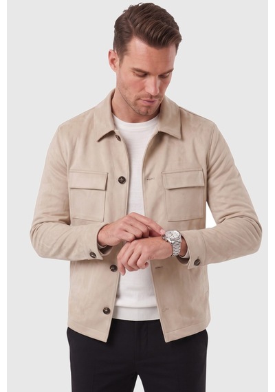 Rizzup Erkek Slim Fit Tüylenmeyen Kırışmayan Krem Süet Ceket Astarlı Gömlek Yaka 2704503