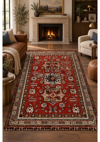 Narvi Nostaljik Kilim Kırmızı Robot Süpürge Uyumlu Oturma Odası Salon Kolay Temizlenebilir Saçaklı Dekoratif Halı