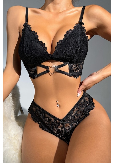 Ang Butik Kadın Siyah Tokalı Çapraz Lastik Detaylı Dantel İç Çamaşır Takımı