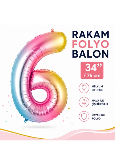 6 Rakam Folyo Balon Gökkuşağı 34 İnç 76 Cm Doğum Günü Parti Balonu Çok Renkli