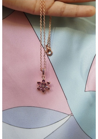 Ervanur Kadın Rose Altın Kaplama Mor Taşlı Tepelikli Lotus Çiçeği Kolye Mor