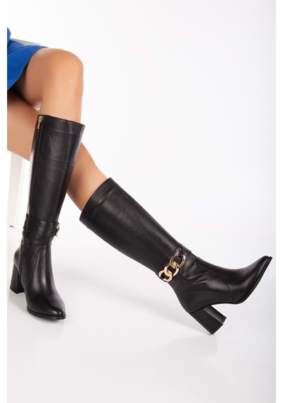 Analin Shoes Kadın Hakiki Deri Toka Detaylı Çizme Siyah