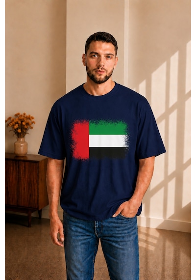 Sngl Tekstil Erkek Oversize Bae Bayrak Baskılı Kısa Kollu Tişört S M L Xl 2xl Lacivert
