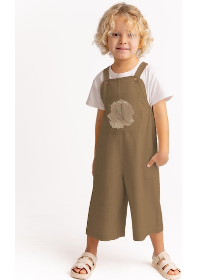 Oliven The Kid Unisex Tüğ Nakışlı Keten Salopet Caramel Caramel Kahverengi