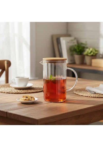 1000 Ml Bambu Kapaklı Borosilikat Cam Yağlık Ve Sürahi - Isıya Dayanıklı Çizgili Line Desenli Modern Meşrubat Ve Su Karafı 9x17 Cm Çok Renkli