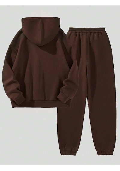 California Yazılı Eşofman Takımı Sweatshirt Jogger - Kahverengi Baskılı Oversize Şardonlu Kapüşonlu Kahverengi