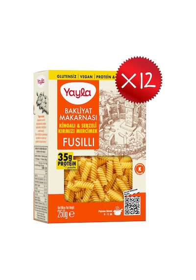 Yayla Kinoalı Ve Sebzeli Kırmızı Mercimek Fusilli Bakliyat Makarnası 250 G X12