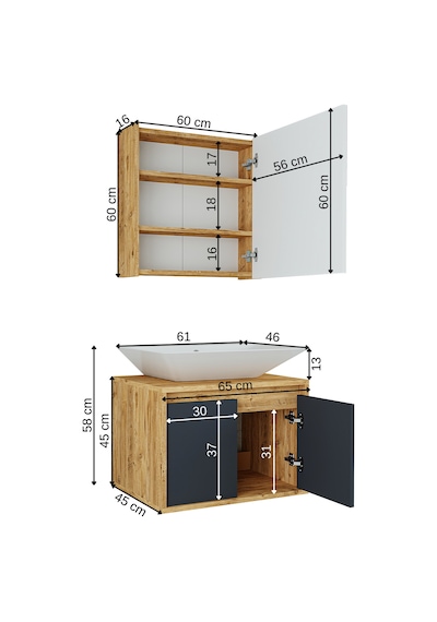 Banos Roomart Lavabolu Ahşap-Antrasit Mdf 65 Cm Banyo Dolabı+Ayna Antrasit