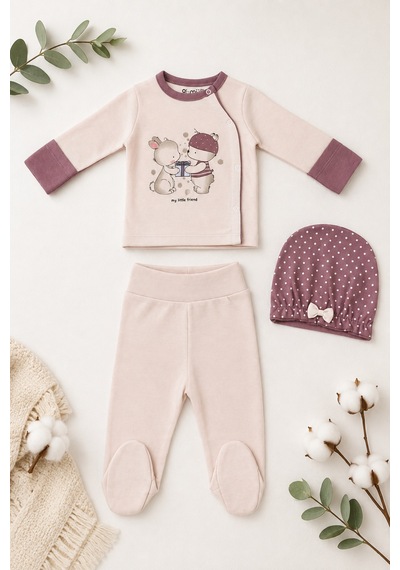 Beniizle My Little Friend Baskılı 3'lü Bebek Hastane Çıkış Set Ekru