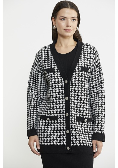 Kazayağı Motif Oversize Triko Ceket - Siyah 001