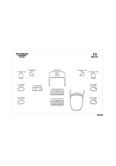 Mitsubishi Carisma Konsol-torpido Kaplama 1999-2004 13 Parça-alüminyum Alüminyum