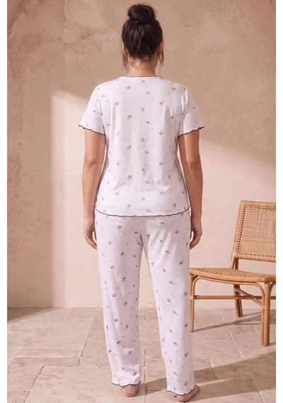 Siyah İnci Beden Fitilli Kaşkorse Örme Pijama Takım26120851 Beyaz Çiçek