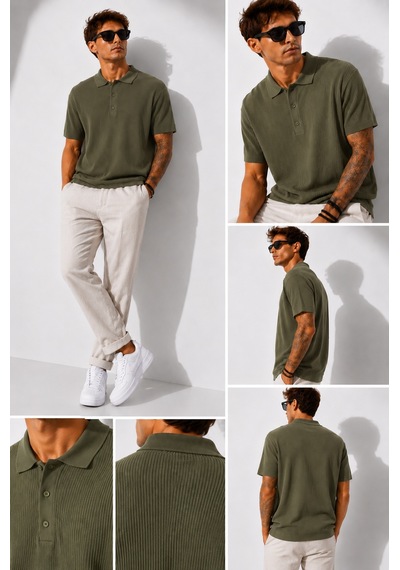 Ribana Erkek Kısa Kollu Fitilli Yarım Düğme Kapama Polo Yaka T-shirt 26001 Haki