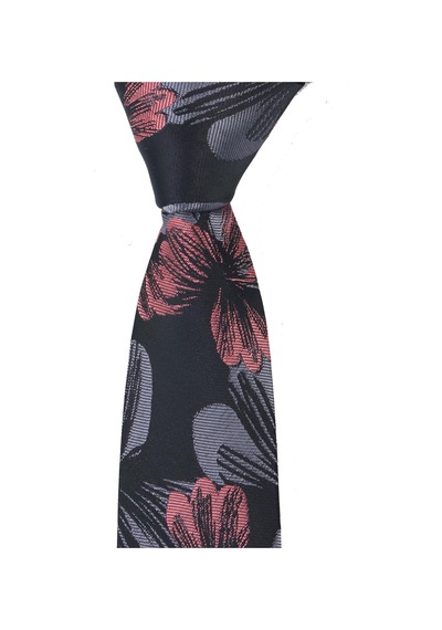 Esgue Dar Kesim Gri & Somon Çiçek Desenli Slim 6 Cm. Hand Made Kravat