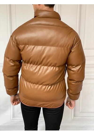 Modefendi Şişme Oversize Yüksek Kalite Deri Mont Kahverengi