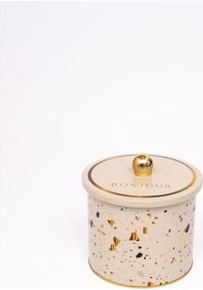 Evle-terrazo Desenli Yuvarlak Metal Saklama Kabı, Erzak Saklama Kabı - Organizer Kutu 14 Cm X 12,5 Cm Terrazzo Cream