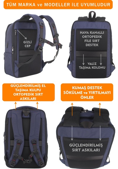 14"-15,6" İnç Körüklü Lacivert Laptop Sırt Çantası Unisex Su Geçirmez Kumaş Lacivert