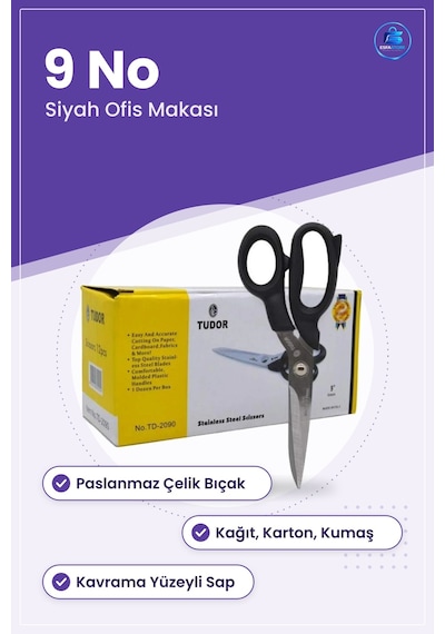 Makas 9 No Siyah Paslanmaz Çelik Kumaş Kağıt Karton Kesme Ofis Kı