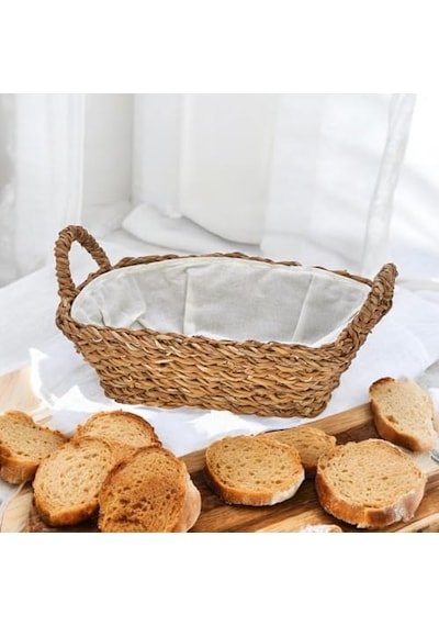 El Yapımı Doğal Hasır Kulplu Çok Amaçlı Dekoratif Dikdörtgen Sepet, Hasır Kulplu Ekmek Sepeti 27x18x8cm Çok Renkli