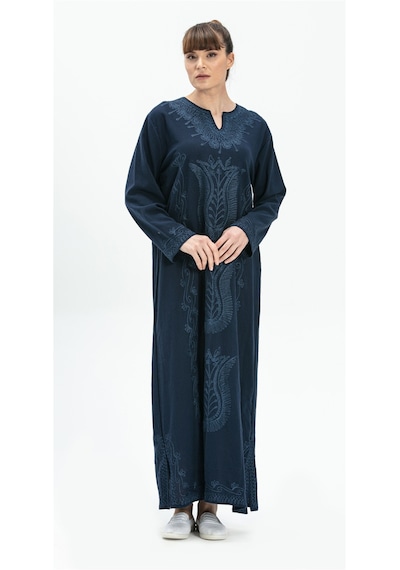 Eliş Şile Bezi Uzun Kol Şile Bezi Simli Kaftan Midi Boy Elbise Lacivert Lcvt