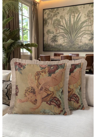 Barok Melek Motifli Saçaklı Yastık Kılıfı - Klasik Vintage Rustik Krem Püsküllü Kırlent Kılıfı Batımı Saks Mavisi Barok Melek Motifli Saçaklı Yastık Kılıfı - Klasik Vintage Rustik Krem Püsküllü Kırlent Kılıfı Batımı Saks Mavisi