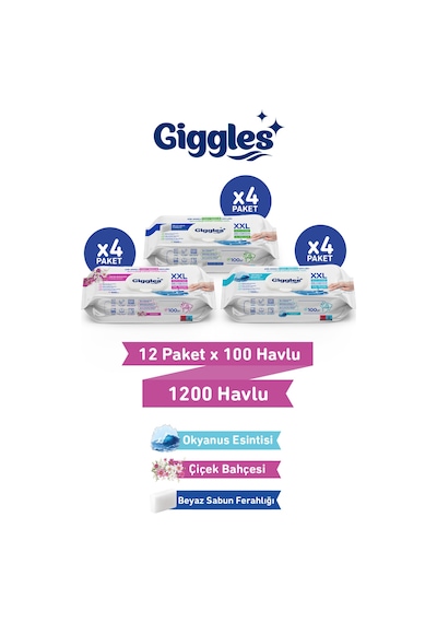 Giggles Xxl İz Bırakmayan Yüzey Temizlik Havlusu - Beyaz Sabun-çiçek Bahçesi-okyanus Esintisi 1200 Havlu Beyaz