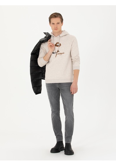 Bej Melanj Regular Fit Pamuk Karışımlı Kapüşonlu Sweatshirt