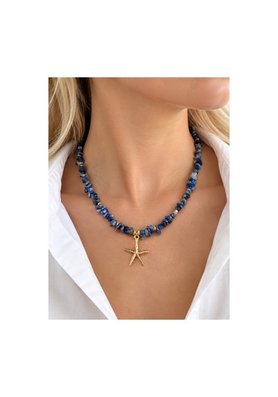 Gold Deniz Yıldızı Lapis Lazuli Doğal Taş Kolye Lacivert Lapis Lazuli Lacivert Lapis Lazuli